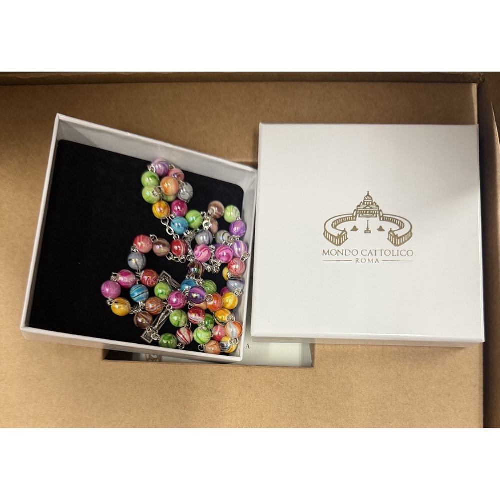 Multicolor Catholic Rosary in 0,31" Arlecchino Beads with a Decorated Our Lady o - Picture 6 of 7